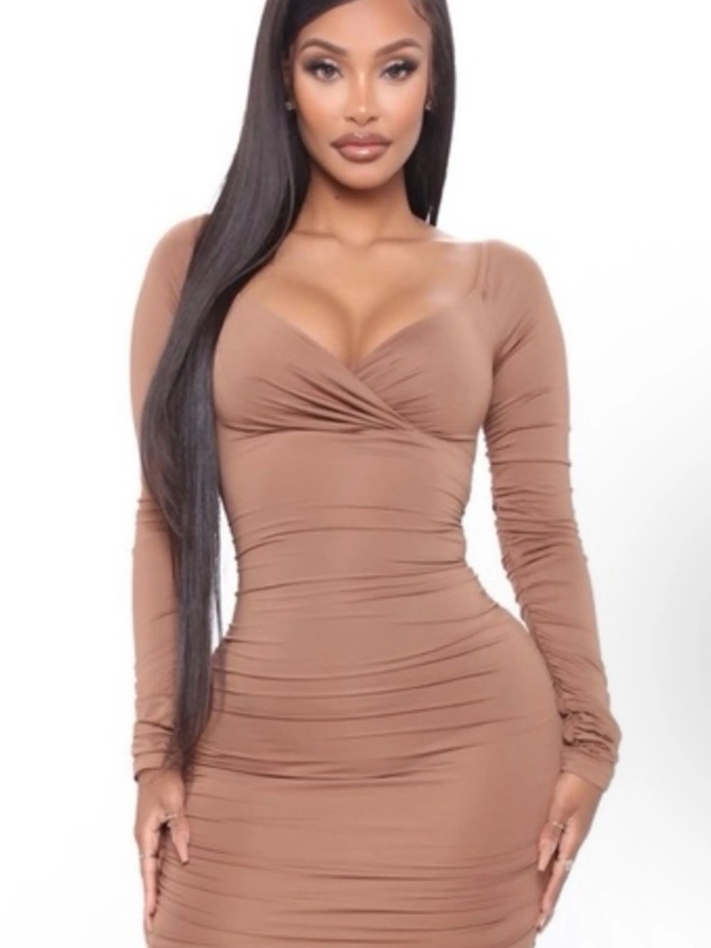 Fashion Nova Long Sleeve Bodycon Dress in Brown